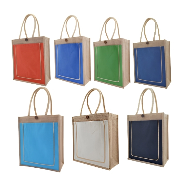 Jute Canvas Bags with Button with Rope Line Work Colors