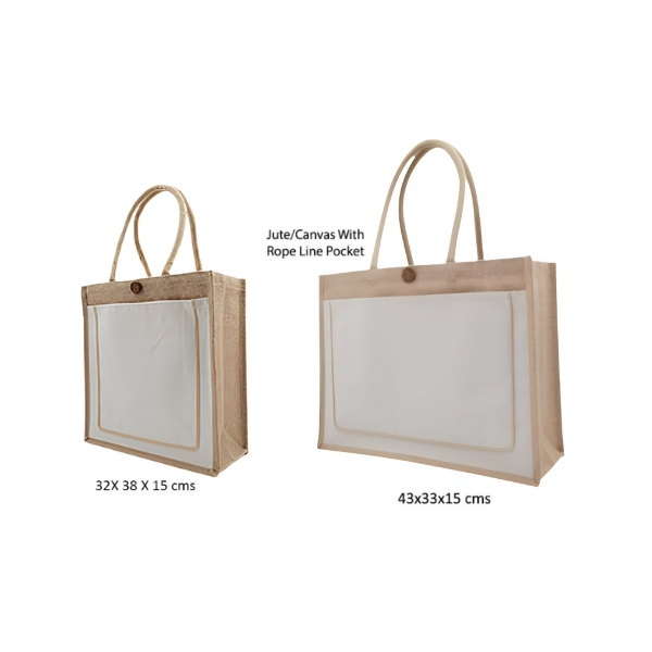 Jute Canvas Bags with Button with Rope Line Work